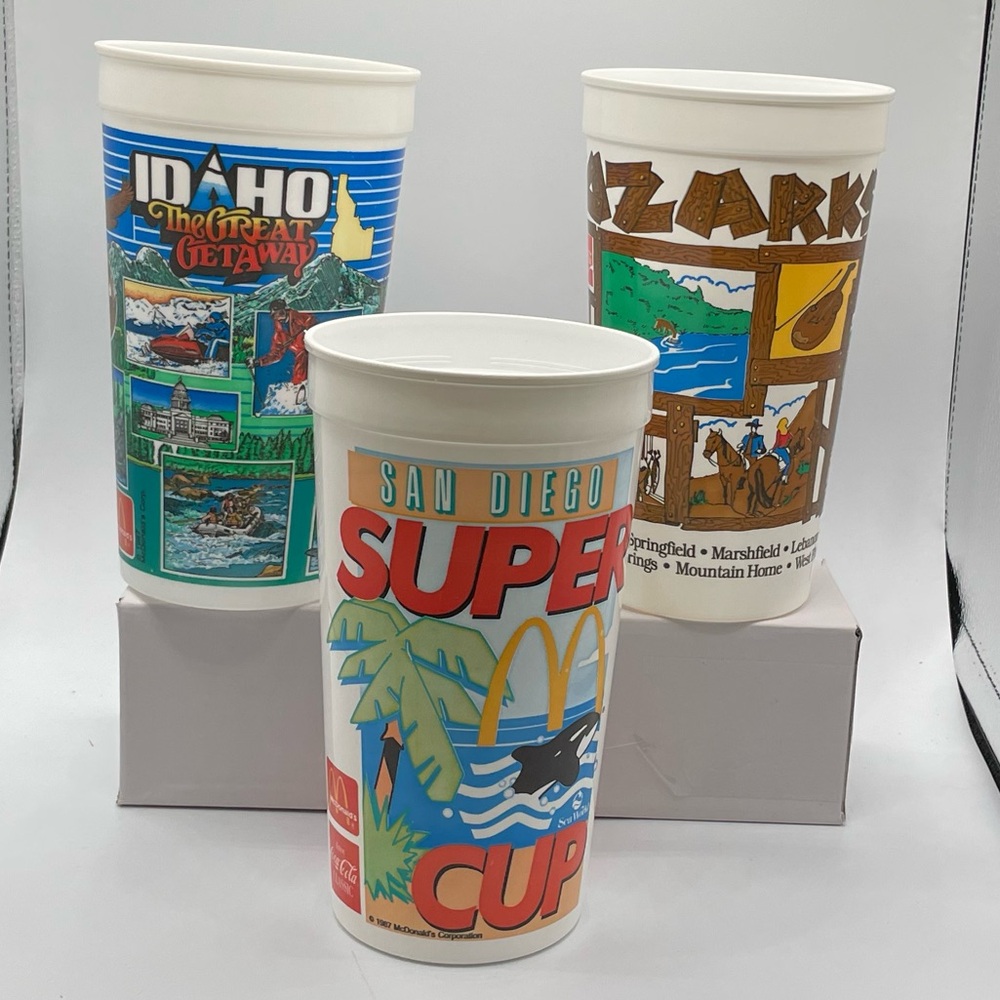 Vintage McDonald’s 1987 San Diego, Ozarks, Idaho cups.